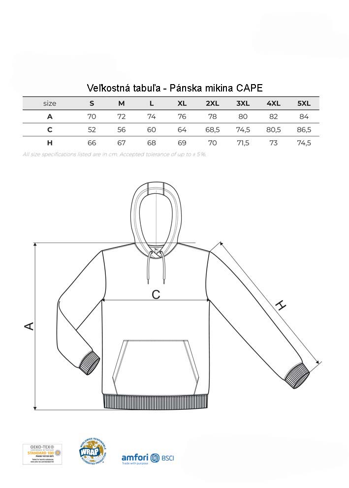 rozmery panska mikina cape